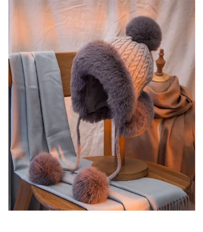 Plush Pompom Ushanka with Knitted Design - Image 6