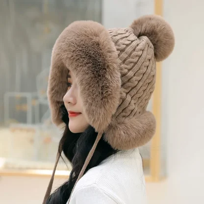 Plush Pompom Ushanka with Knitted Design - Image 13