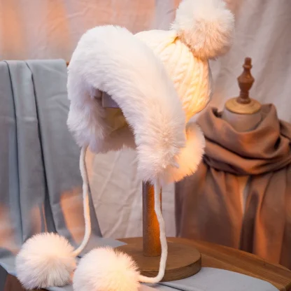 Plush Pompom Ushanka with Knitted Design - Image 5