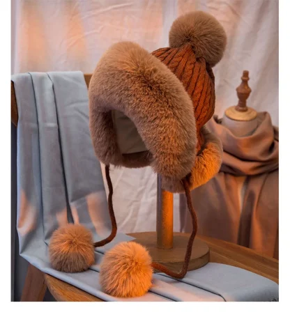 Plush Pompom Ushanka with Knitted Design - Image 2