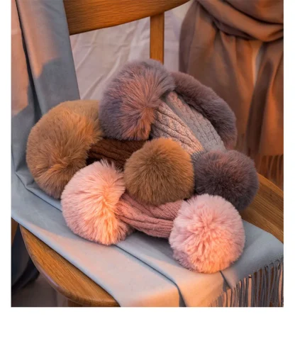 Plush Pompom Ushanka with Knitted Design - Image 8