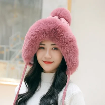 Plush Pompom Ushanka with Knitted Design - Image 14